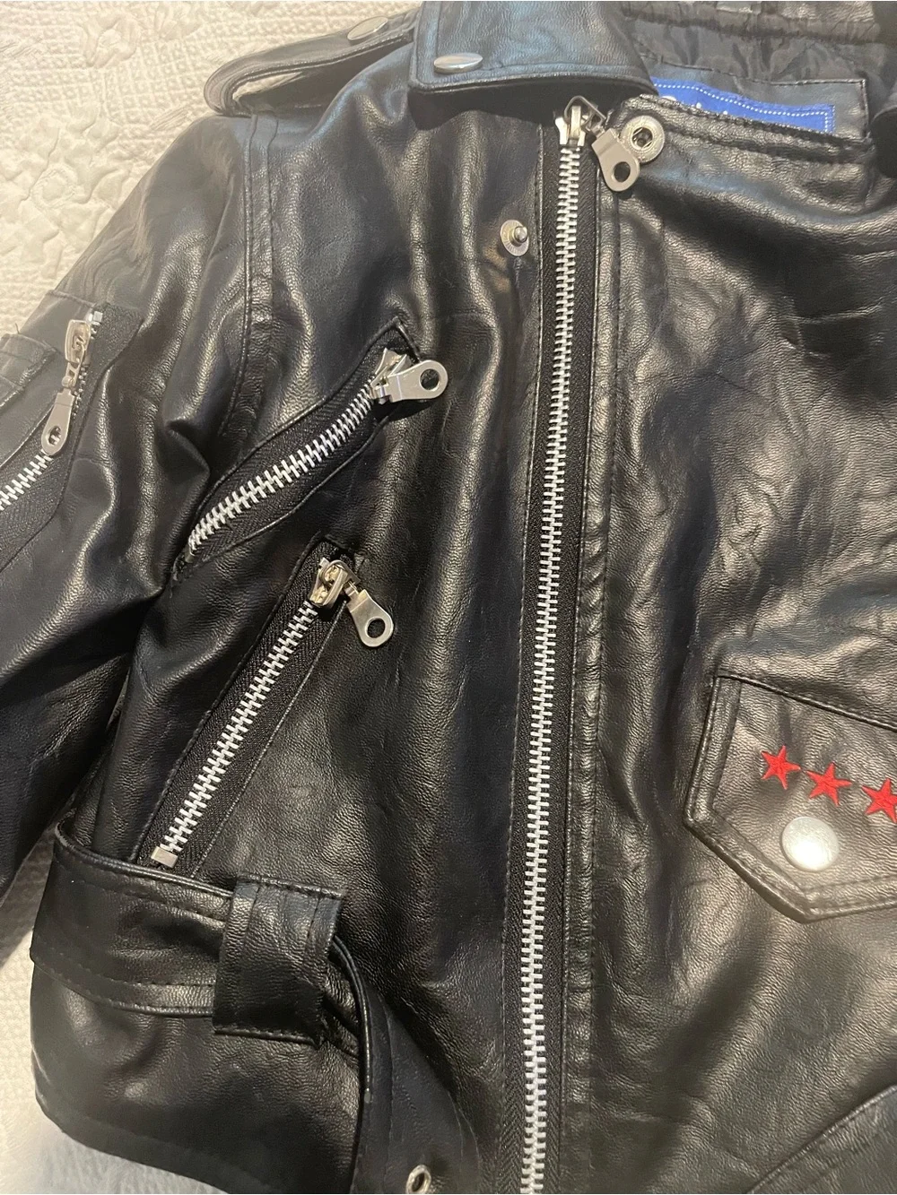 Kids 3T Black Faux Leather Moto Jacket with Star Pocket Embroidered Patches. Zip